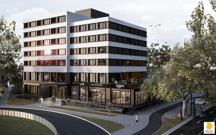 Exterior: marketing render of S House northwest corner at warm evening light showing the full eight-storey building with commercial ground floor wrap, cafe terrace, Zabka store, and pedestrian streetscape