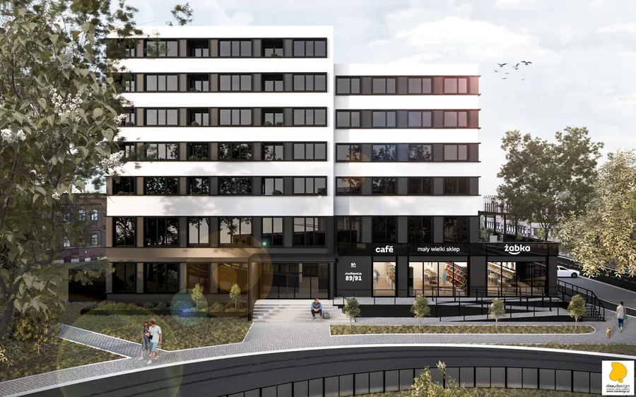 Exterior: marketing render of S House from southeast showing the building volume with new Cembrit fibre-cement ventilated facade, balcony rhythm, and urban streetscape context