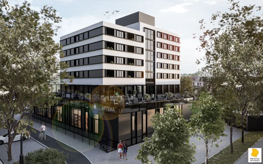 Exterior: marketing render of S House showing the contemporary facade treatment with ground-floor commercial units, residential balconies above, and SHouse branding elements