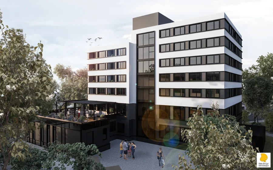 Exterior: aerial bird's-eye render showing the complete eight-storey S House building volume with commercial ground floor wrap, rooftop elements, SHouse branding signage, and urban context
