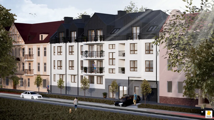 Exterior: rear north elevation render showing garden facade with balconies, terraces above underground garage green roof, and views toward escarpment greenery