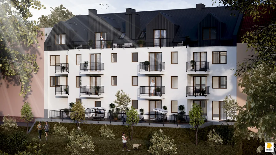 Exterior: north-west rear perspective render showing silicate render facade in warm cream tones, oak-coloured PVC windows, steel balustrades, and landscaped green roof area