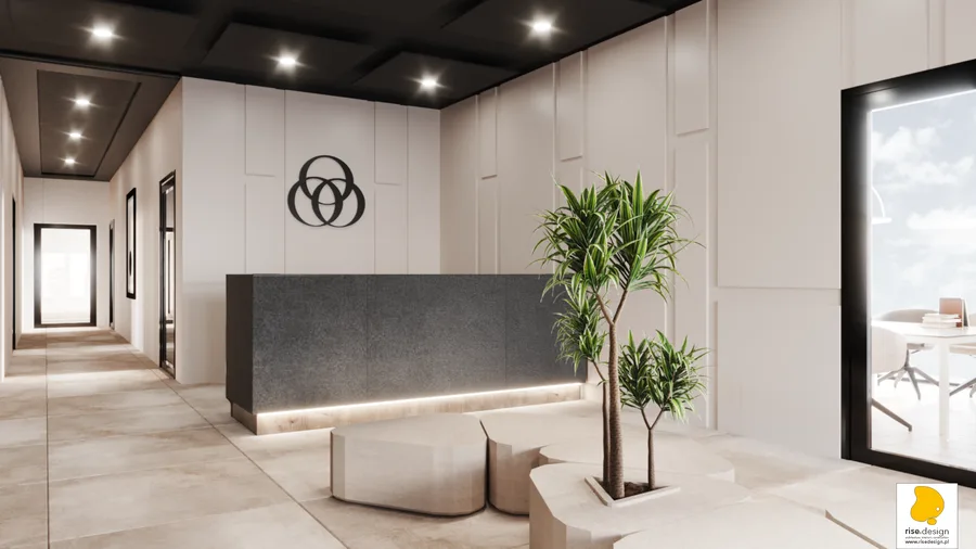 Interior: full lobby overview render showing reception desk with logo, dracaena plants in dark pots, organic faceted modular stone-look benches, and meeting room through black-framed glass partitions