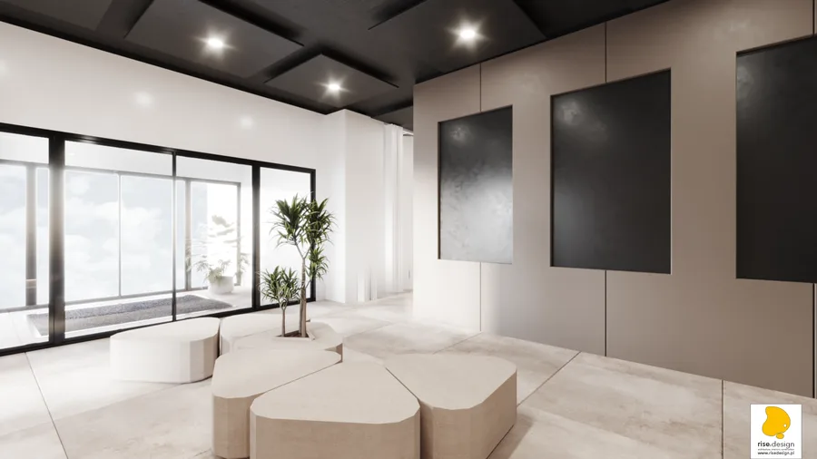 Interior: open-plan office render with dark brown accent wall, manuscript wallpaper, acoustic privacy pod, six workstations with ergonomic chairs, and beige dividers