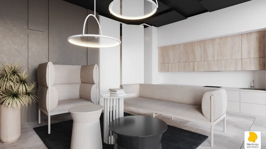 Interior: conference room render with 12 to 14 beige upholstered chairs around oak table, signature halo ring pendant lights, raised geometric wall panels, and floor-to-ceiling window