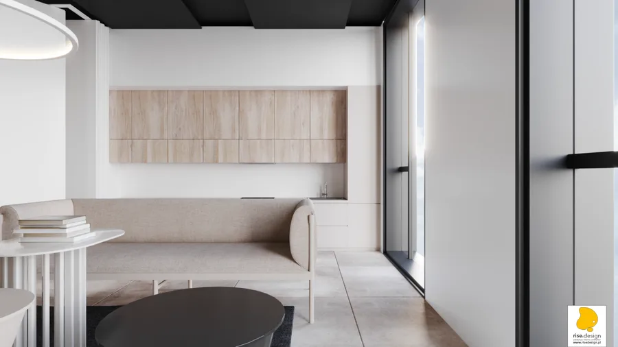 Interior: auditorium render at full capacity showing 100-plus white and black stackable chairs in theatre rows, dark charcoal acoustic ceiling with linear LED strips, and projection screen