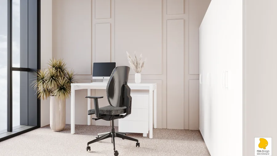Interior: break room and lounge render with signature halo pendant pair, high-back privacy wing chair, cream linen sofa, oak kitchenette cabinets, dark charcoal area rug, and pampas grass accents