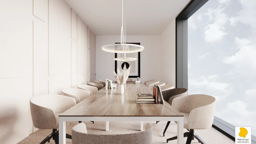Interior: open-plan office render showing workstation cluster with ergonomic chairs, oak desk surfaces, beige fabric dividers, and raised geometric wall panels in background