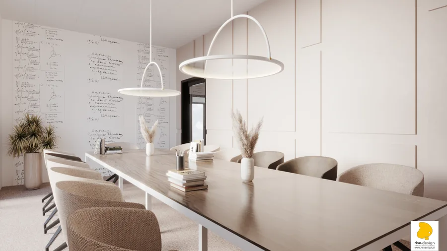 Interior: corridor render with signature raised geometric wall panels, black-framed glass partitions, and warm recessed downlighting creating gallery-like atmosphere