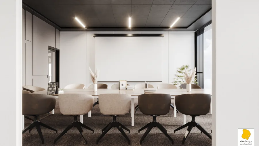 Interior: conference room render showing alternate configuration with dark charcoal ceiling, linear LED strips, and raised wall panel treatment in beige tones