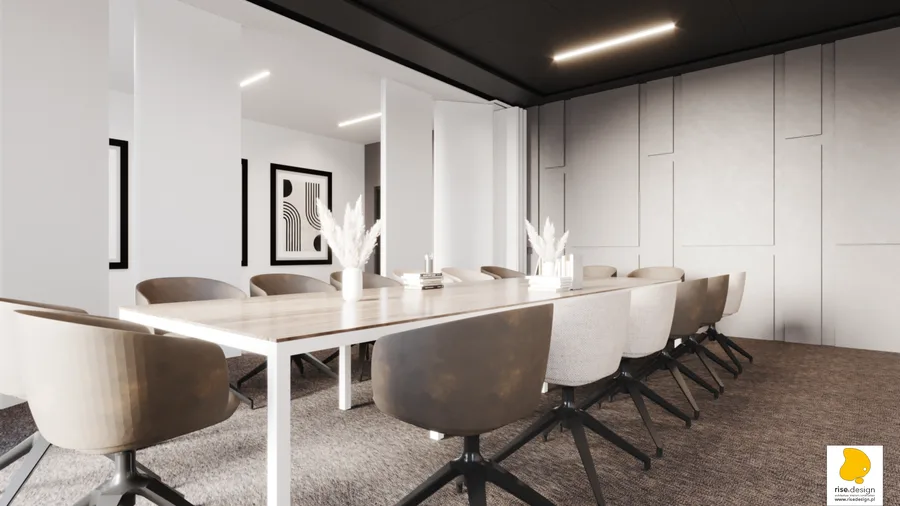 Interior: private office render with biophilic oak planter box desk divider, trailing green plants on black metal frame, visitor seating, and white shelving