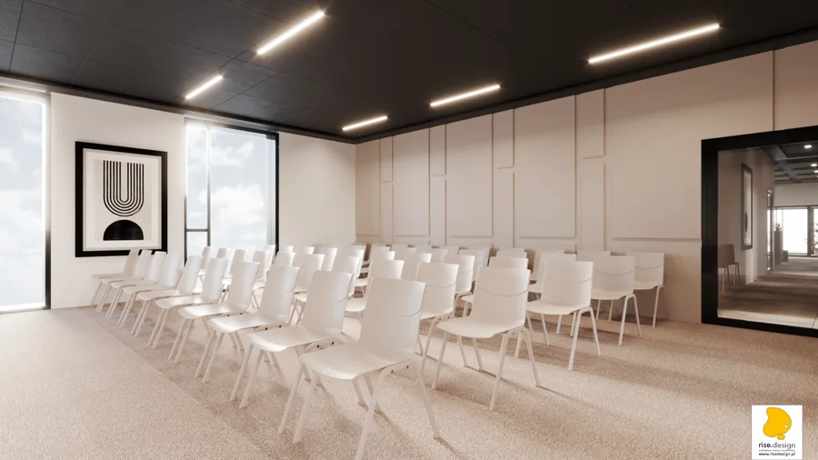 Interior: lobby waiting area render with organic faceted modular benches, large-scale abstract artwork, and floor-to-ceiling glazing to exterior
