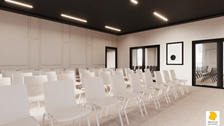 Interior: conference room render with manuscript wallpaper feature wall, halo ring pendant lights, oak conference table, and raised geometric wall panels