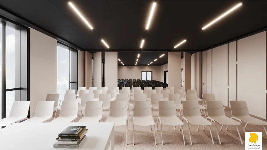 Interior: auditorium render showing movable partition wall system in open configuration, stackable chairs arranged in theatre rows, and dark acoustic ceiling