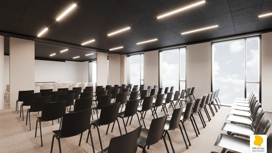 Interior: open-plan office render showing acoustic privacy pod positioned within workstation area, with manuscript wallpaper accent wall visible