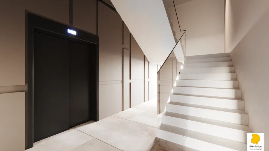 Interior: executive corridor render with raised geometric wall panels, recessed downlighting, and black-framed glass partitions to offices