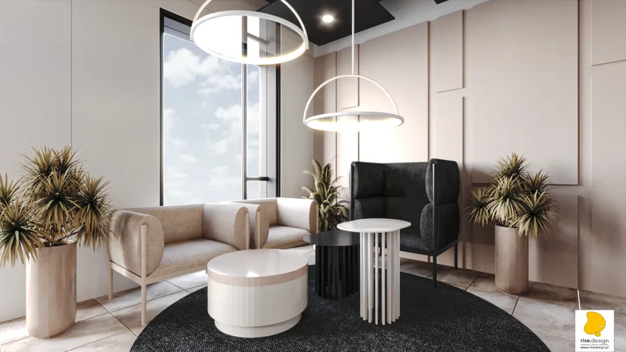 Interior: lobby entrance render showing dark stone reception desk from visitor approach, Borromean rings logo, and organic modular seating in foreground