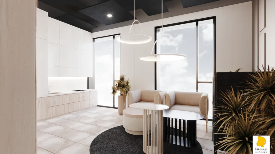 Interior: open-plan office render showing workstation layout with ergonomic task chairs, beige dividers, and natural light from floor-to-ceiling glazing
