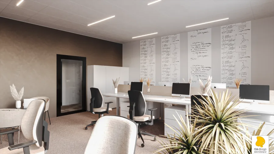 Interior: private office render with L-shaped desk configuration, full-wall styled bookshelf, dark ceiling plane, and biophilic greenery accents