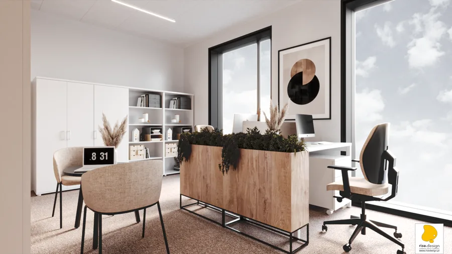 Interior: break room lounge render showing cream sofa, privacy wing chair, dark charcoal rug, and pampas grass arrangement in ceramic vase