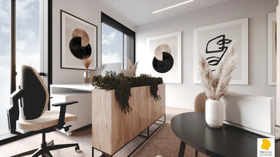 Interior: corridor render showing gallery-style circulation with raised wall panels, abstract artwork, and warm ambient lighting