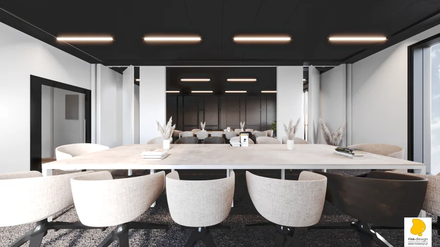 Exterior: night perspective render showing building as illuminated civic presence on ul. Polska with warm facade lighting and glowing interior visible through glazing