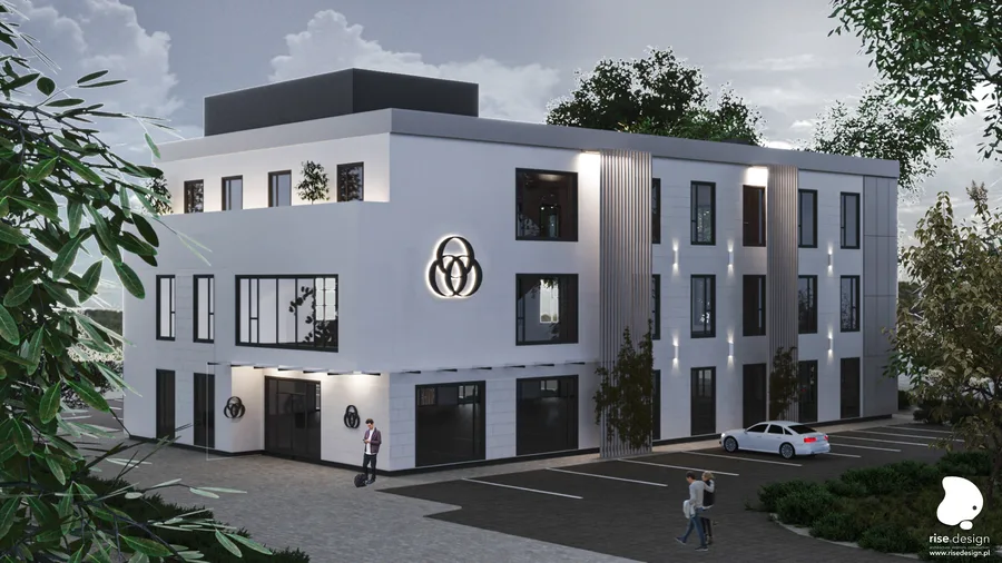 Exterior: facade detail render showing layered composition of beige stone, silicone plaster, geometric panels, and slim black aluminium window mullions