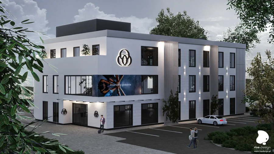 Exterior: west elevation render showing stepped massing, service entrances, and utilitarian facade with fewer windows and steel louver roofline