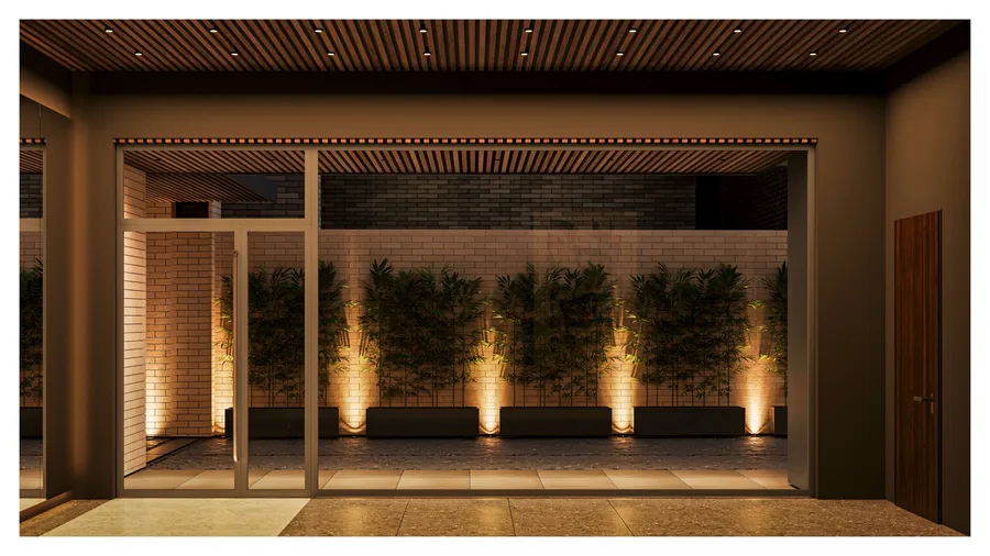 Render: courtyard garden landscape detail visualization showing designed planting beds with specimen shrubs, stone paving borders, and contemporary garden furniture at ground level