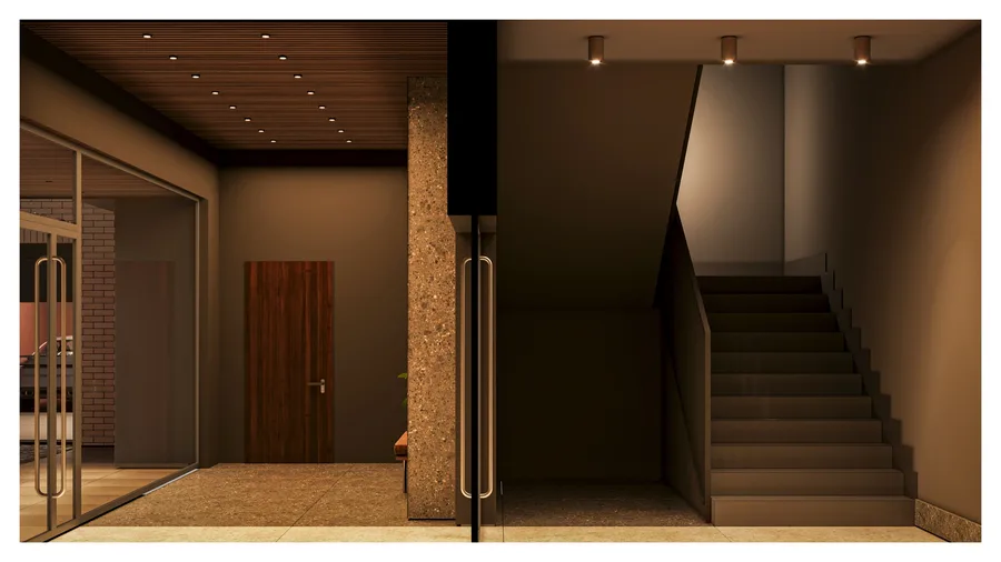 Render: underground garage bird-eye visualization showing organized parking bays, reinforced concrete structural grid, heated ramp access, and utility rooms beneath the heritage building