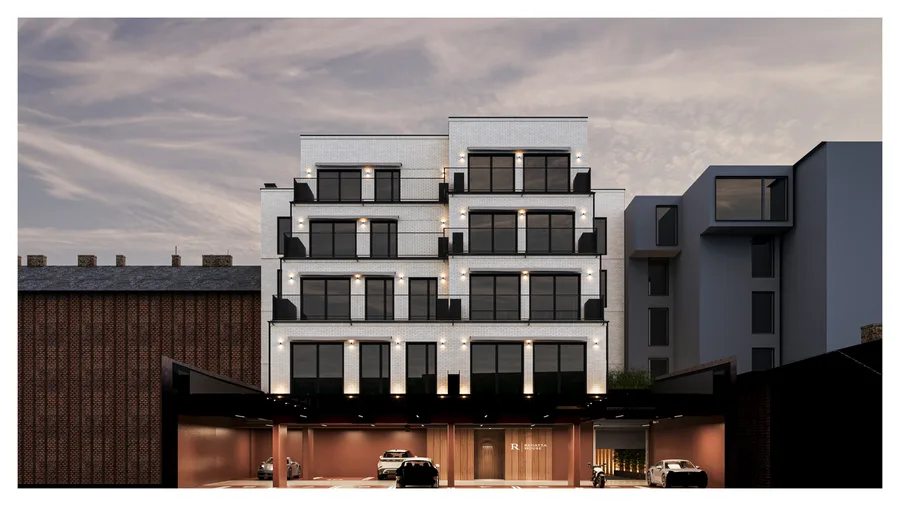 Render: apartment balcony detail visualization showing metal balustrade, timber decking, and the visual connection between private terrace and courtyard garden below