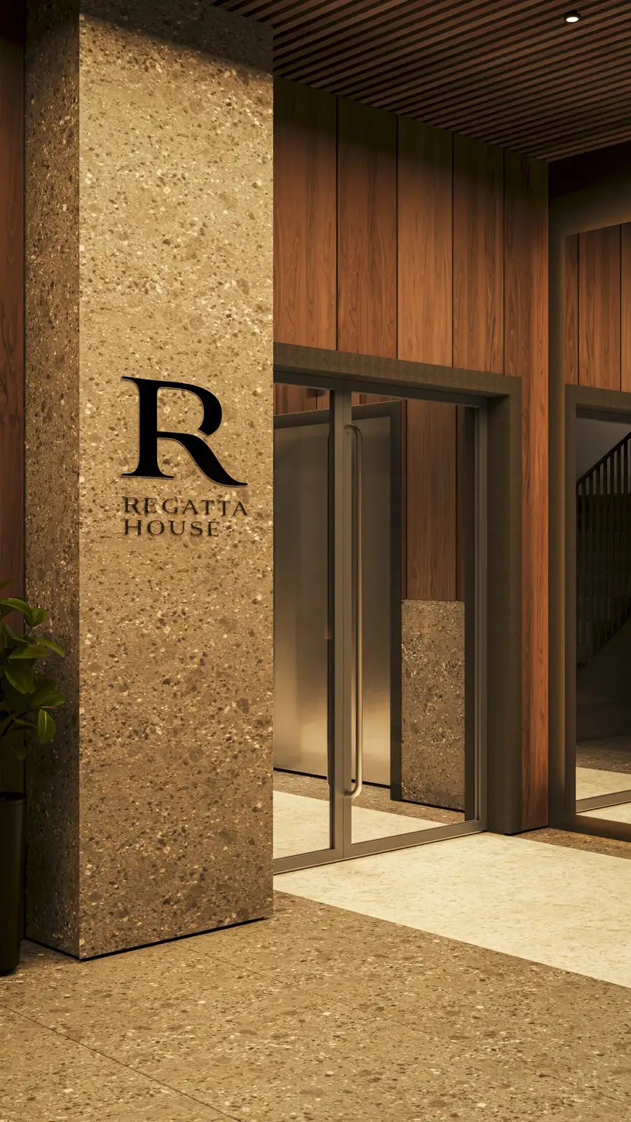 Render: arched gateway entrance day visualization with heritage stone portal, cobblestone passage approach, and glimpse of courtyard garden beyond the threshold