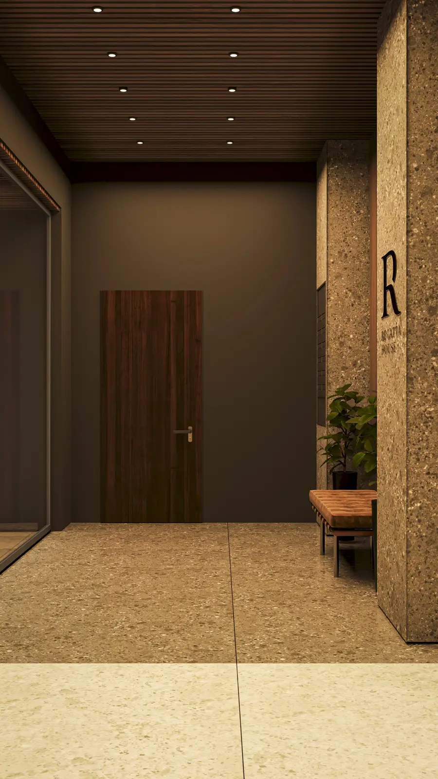 Render: gateway entrance night visualization with warm interior lighting spilling through arched portal and illuminated courtyard garden visible behind the heritage passage