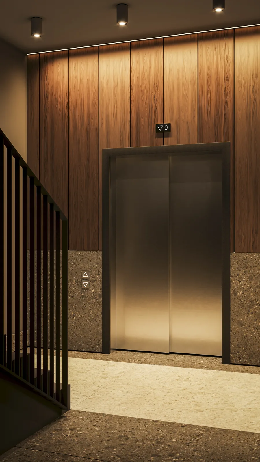 Render: lobby interior visualization with walnut lamella ceiling, Barcelona chairs, Ariostea porcelain floor, and elegant foyer connecting heritage entrance to residential apartments