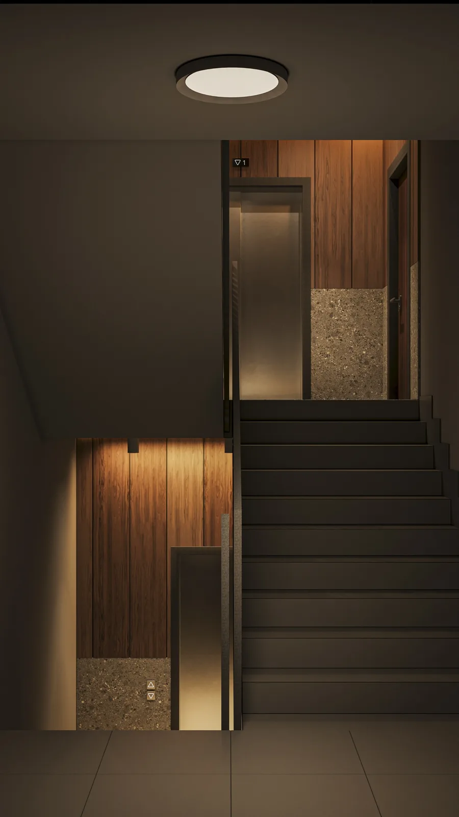 Render: cross-section visualization showing apartment interior layout with open-plan living space, bedroom suite, and terrace overlooking the courtyard garden