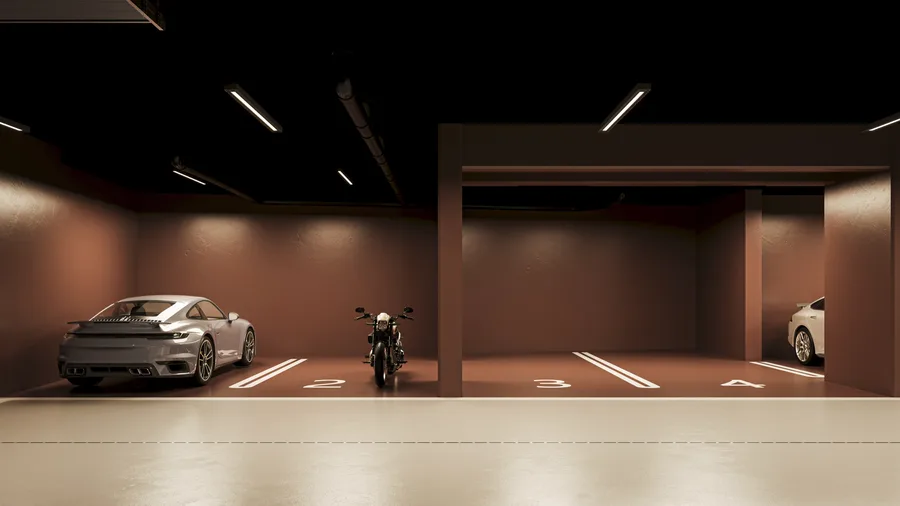 Render: underground garage visualization showing organized parking bays with EV charging points, structural columns, and ramp access beneath the courtyard