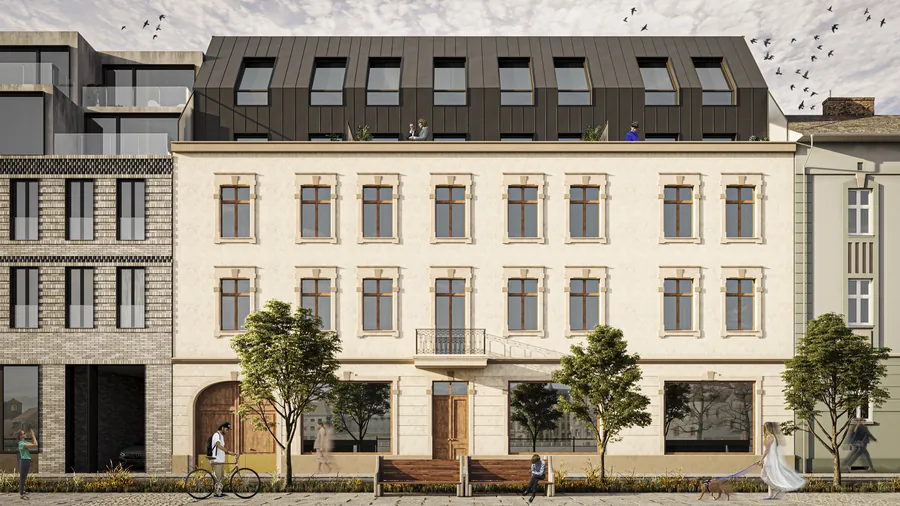 Render: detailed section perspective visualization revealing full building anatomy from underground garage through heritage ground floor to cascading upper apartments and rooftop penthouse terrace