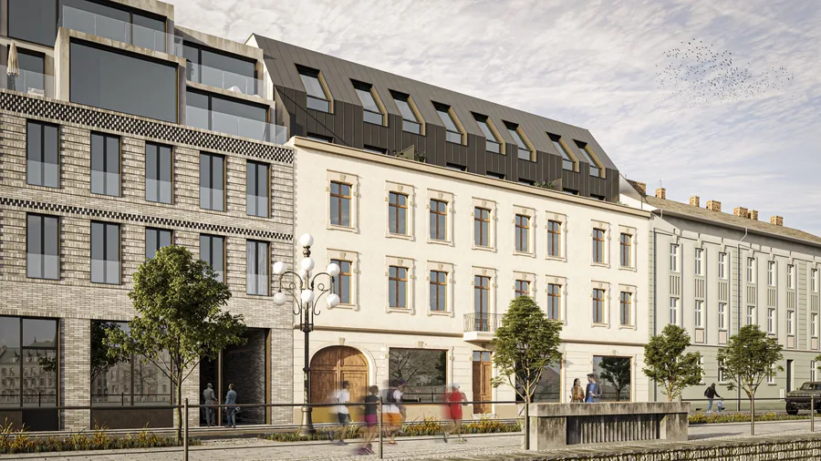 Render: street facade night visualization with warm interior glow through heritage windows, illuminated ground-floor entrance, and restored plaster facade against evening sky