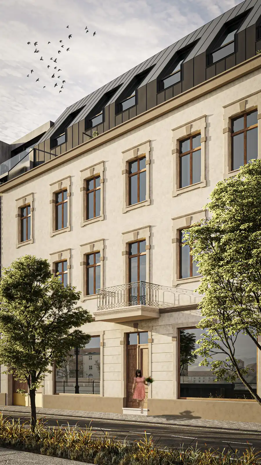 Render: courtyard perspective at dusk showing illuminated rear extension with geometric balconies, warm light from apartment interiors, and landscaped garden at ground level