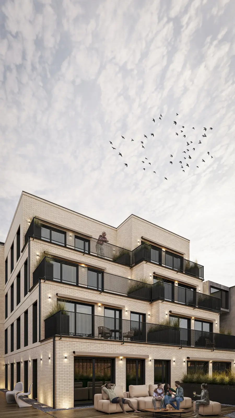 Render: street-level facade visualization showing the restored heritage front with arched gateway, period window proportions, and contemporary upper addition in standing seam metal