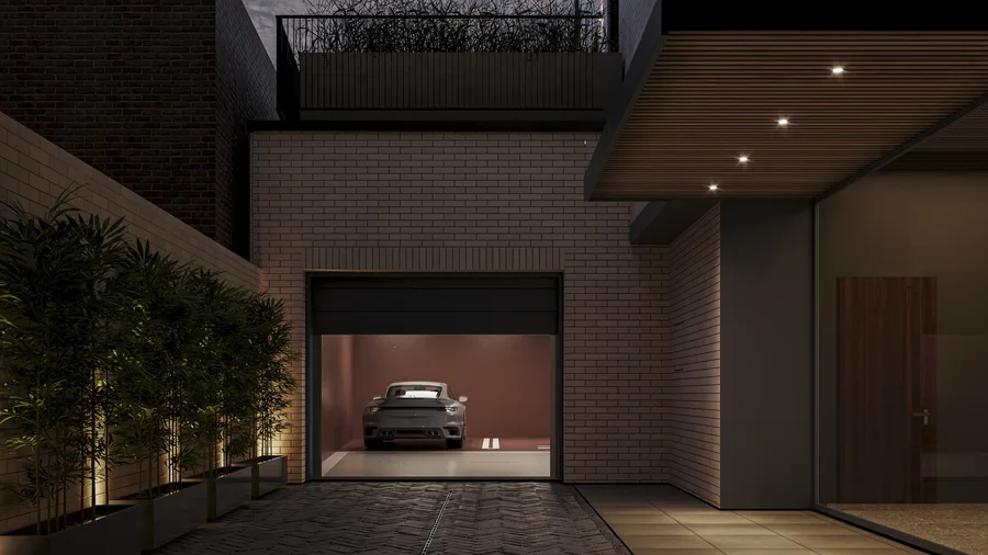 Render: river-facing rear elevation visualization showing the full cascading profile with clinker brick, standing seam metal cladding, and panoramic apartment windows