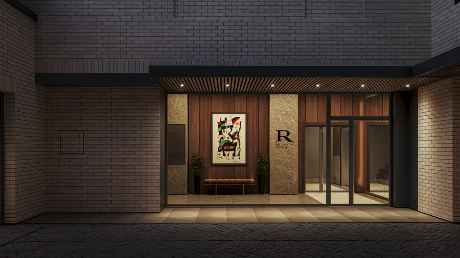 Render: elevated perspective visualization showing the building mass stepping back from the heritage street facade toward the Brda River with terrace gardens at each level