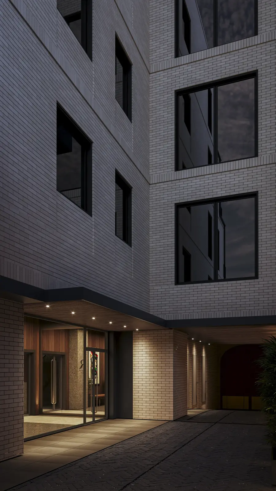 Render: courtyard entrance perspective visualization showing the arched heritage gateway framing the landscaped interior garden and contemporary rear elevation