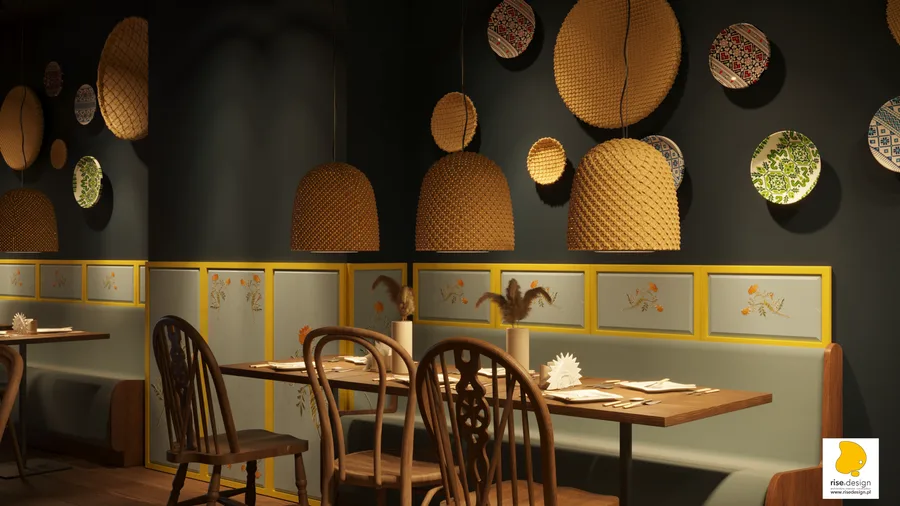 Detail: Blue and Yellow concept page showing booth seating design with upholstery, folk panel backs, and furniture specifications