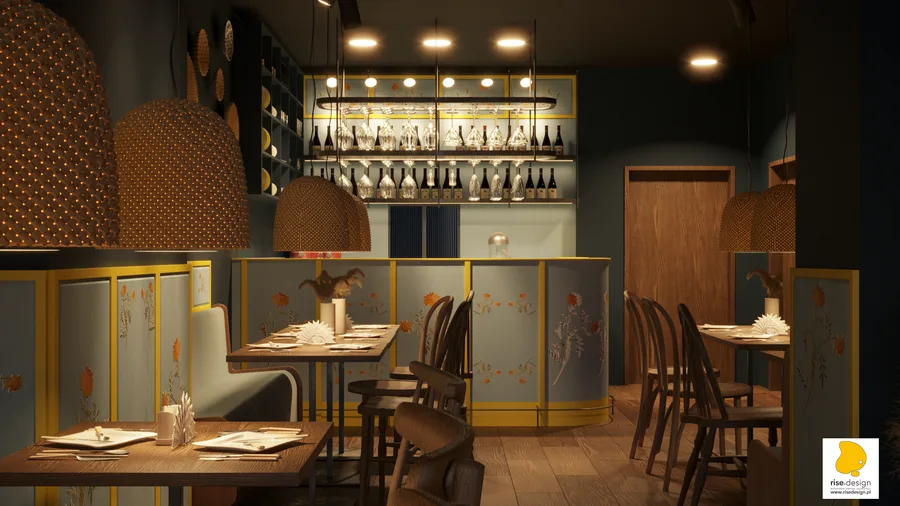 Detail: Blue and Yellow concept page showing wall treatment design with exposed brick, decorative plate arrangements, and wicker installations