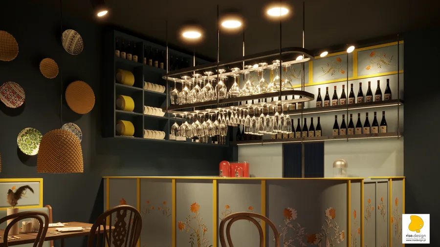 Detail: Blue and Yellow concept page showing bar shelving design with bottle display, LED integration, and Swiss Krono panel specification