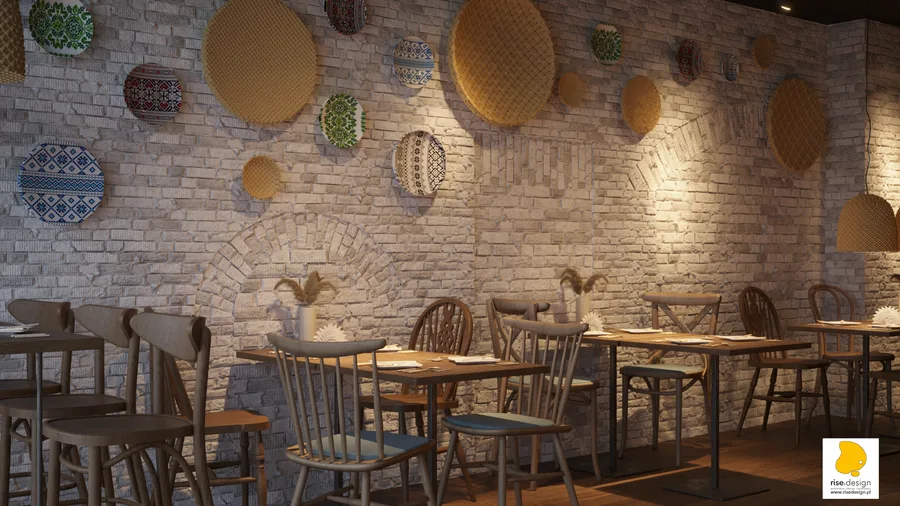 Gallery: Blue and Yellow concept render showing restaurant interior with Ukrainian national colour palette, booth seating, and folk art decoration