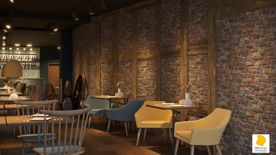 Gallery: Blue and Yellow concept render showing dining zone with hand-painted panels, exposed brick walls, and warm atmospheric lighting