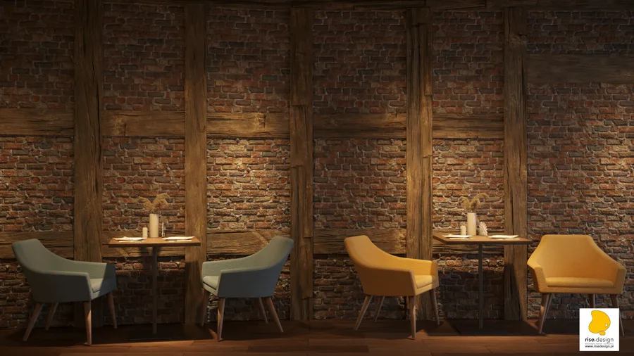 Gallery: Blue and Yellow concept render showing booth seating detail with sage green upholstery and painted sunflower motifs
