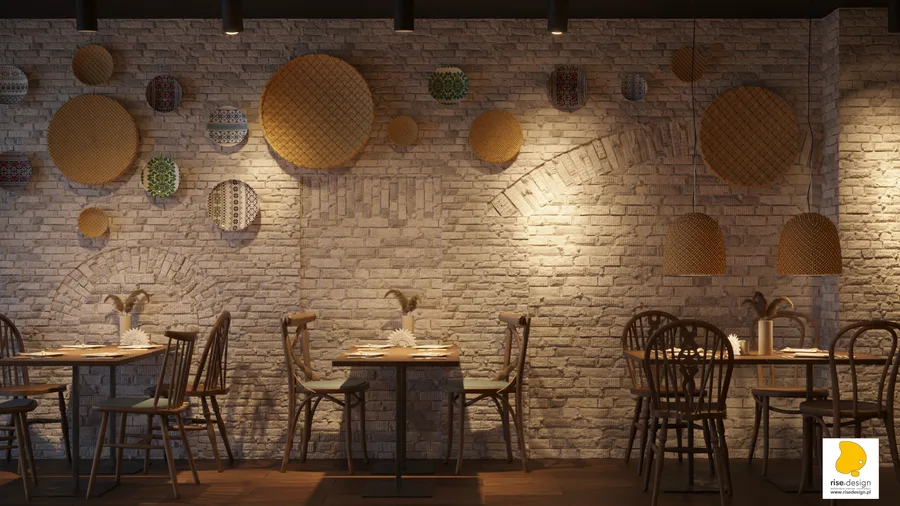 Gallery: Blue and Yellow concept render showing spatial overview with both decorated wall surfaces and overhead ceiling structure